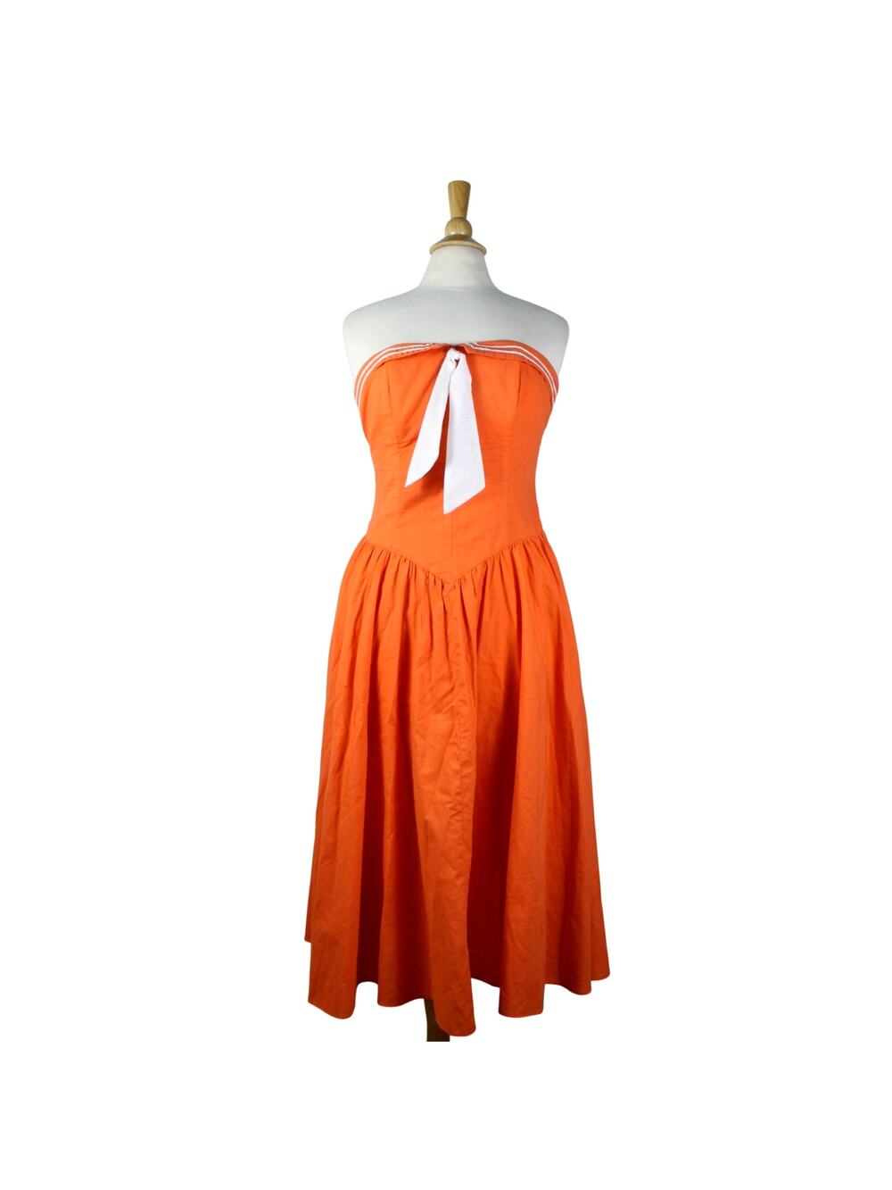 Vintage orange 1970s strapless sailor dress white tie nautical fit flare sz M/L